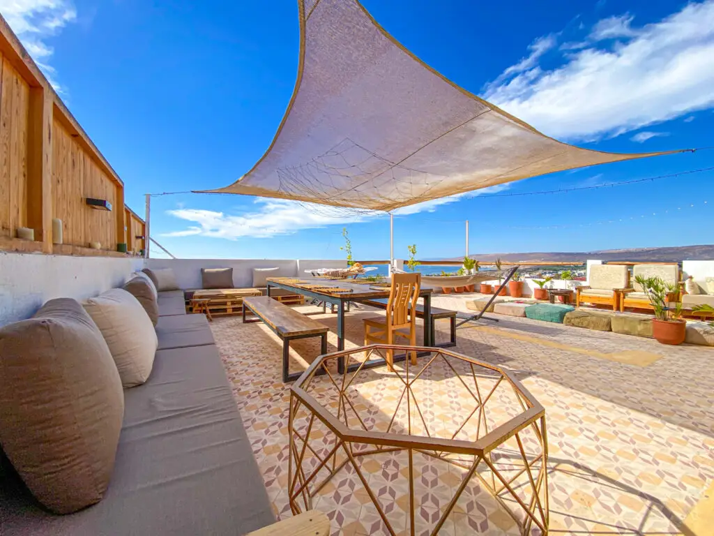 Ocean-view rooftop terrace of the Endless Wave surf house in Tamraght