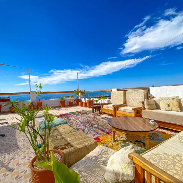 Surf camp Tamraght rooftop terrace ocean views Taghazout Bay Morocc