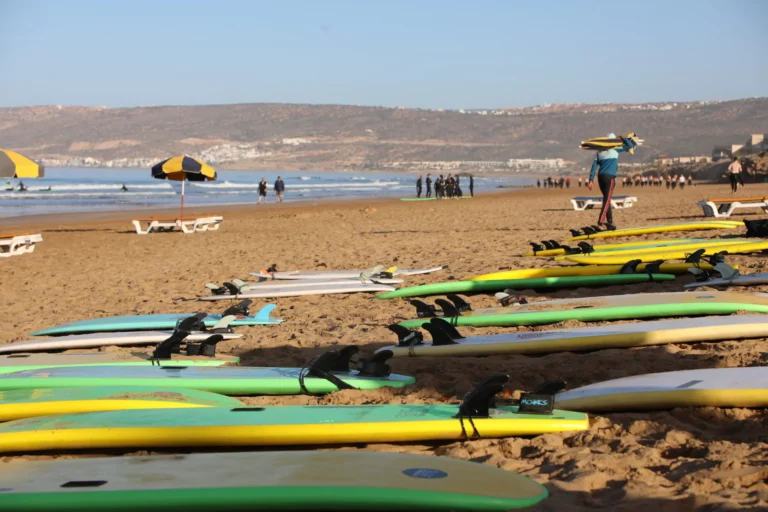 ISA-certified intermediate surf lessons Morocco small group coaching Tamraght beach