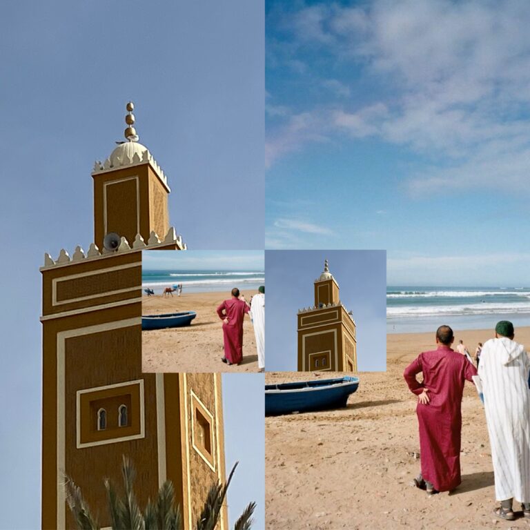 Minaret and a beach scene in the Agadir region