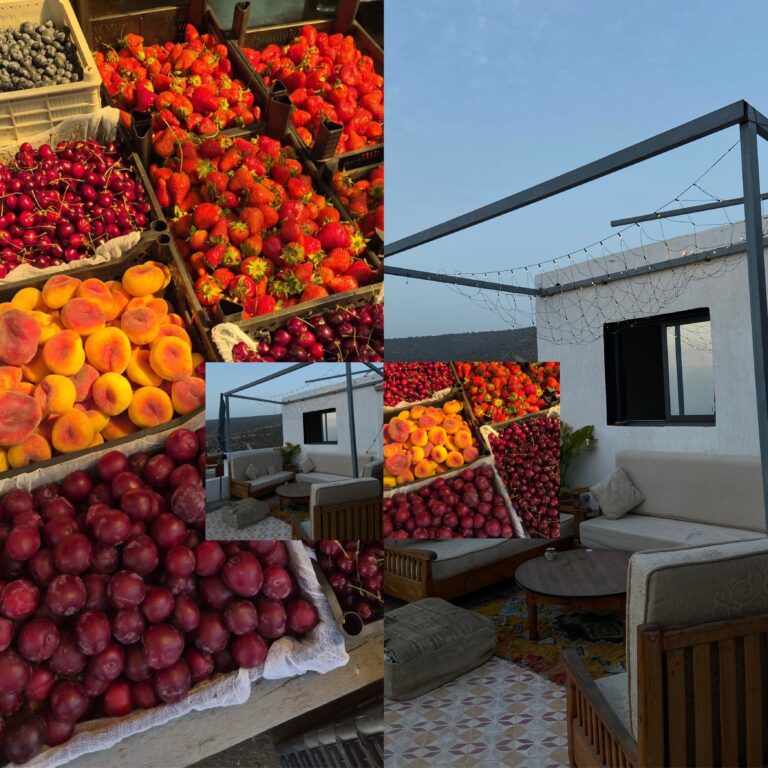 Fresh fruit stall and a white village street in Morocco